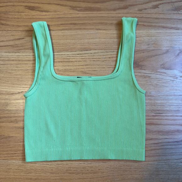 Zara Ribbed Lime Green Cropped Tank Square Neck Sleeveless Basic Size M-L - Picture 1 of 5
